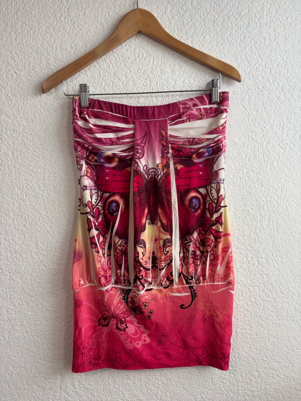 Y2K Vibrant Pink Butterfly Print Strapless Tube Top Medium